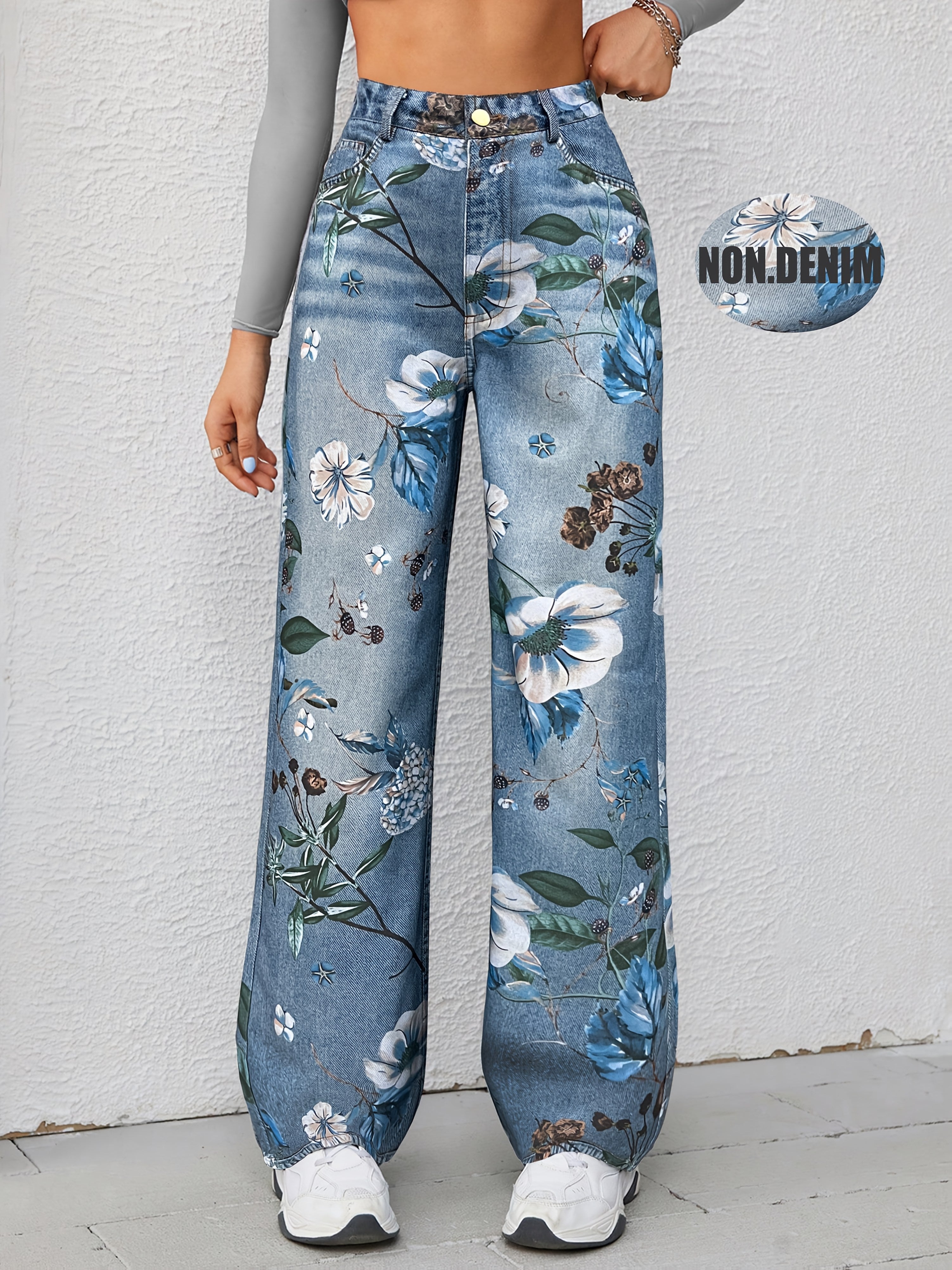 Loose-Fitting Casual Street Style Retro Floral Print High-Waisted Wide-Leg Blue Faux Denim for Women'S Fashion in All Seasons.